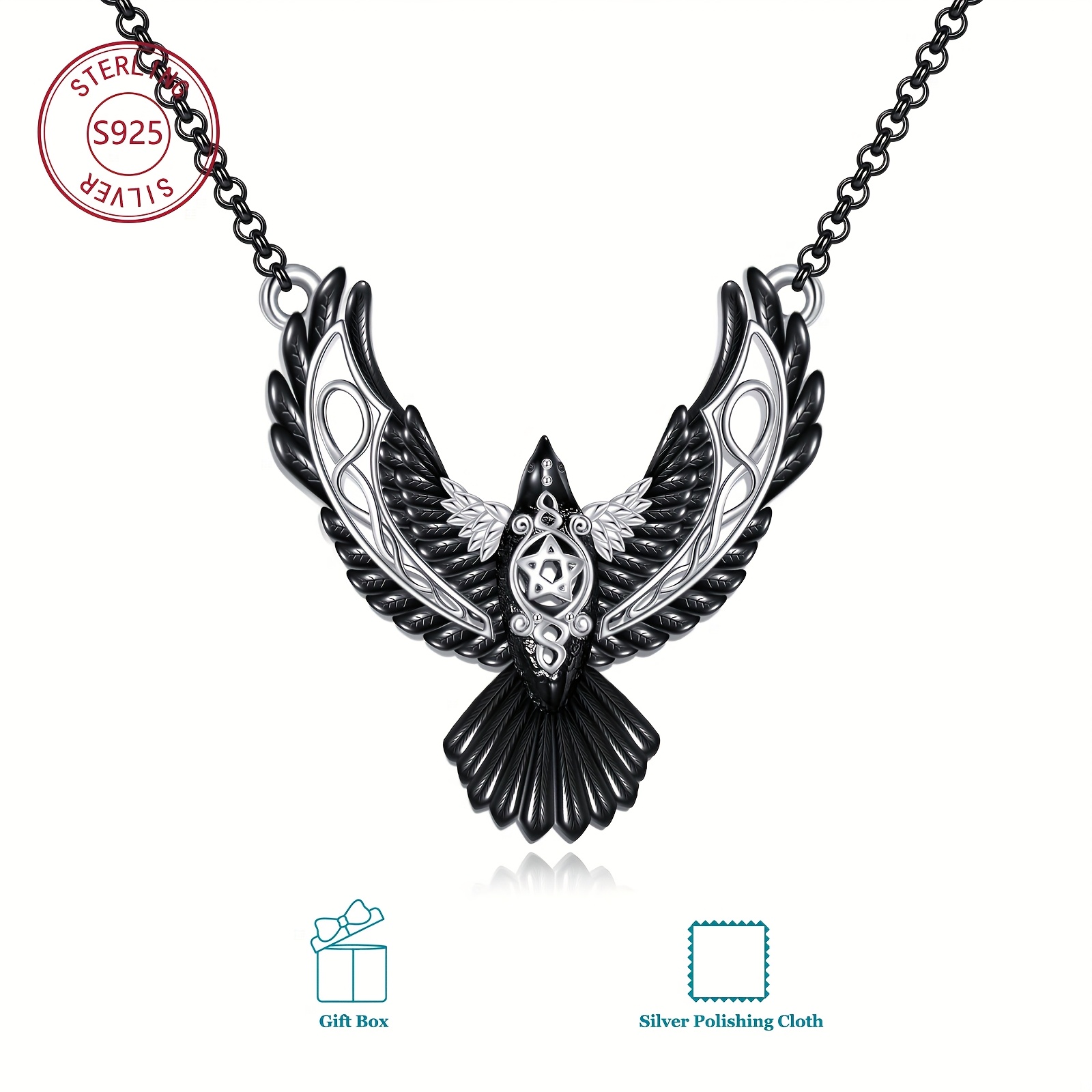 S925 Sterling Silver Raven Pendant Necklace, Gothic Gift